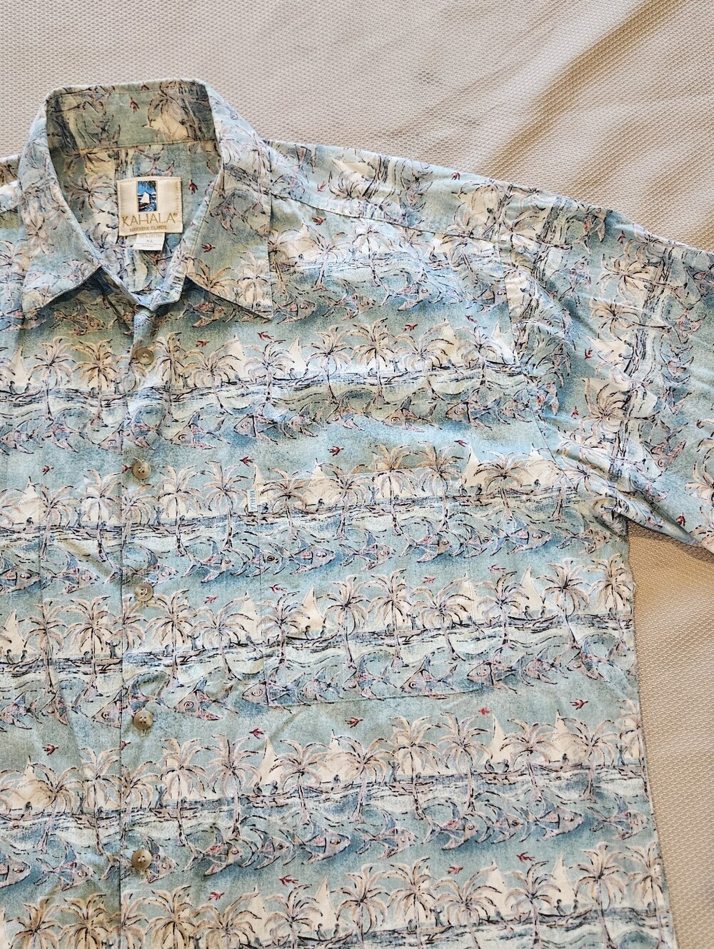 Vintage Kahala Hawaiian Island 1/4 Button Shirt Reverse XL Cotton Fish Palm Tree